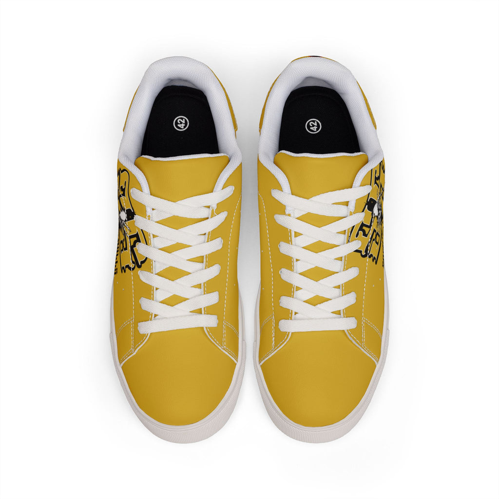 Low-Top Sneakers — Yellow "Safety Skulls" Leather Casual Shoes